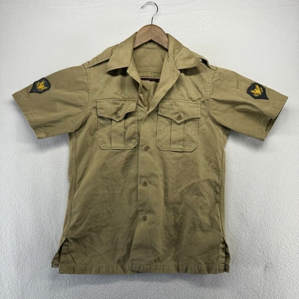 Vintage 50s Army Shirt men's Small Brown Khaki Twill Patches Korean War Era